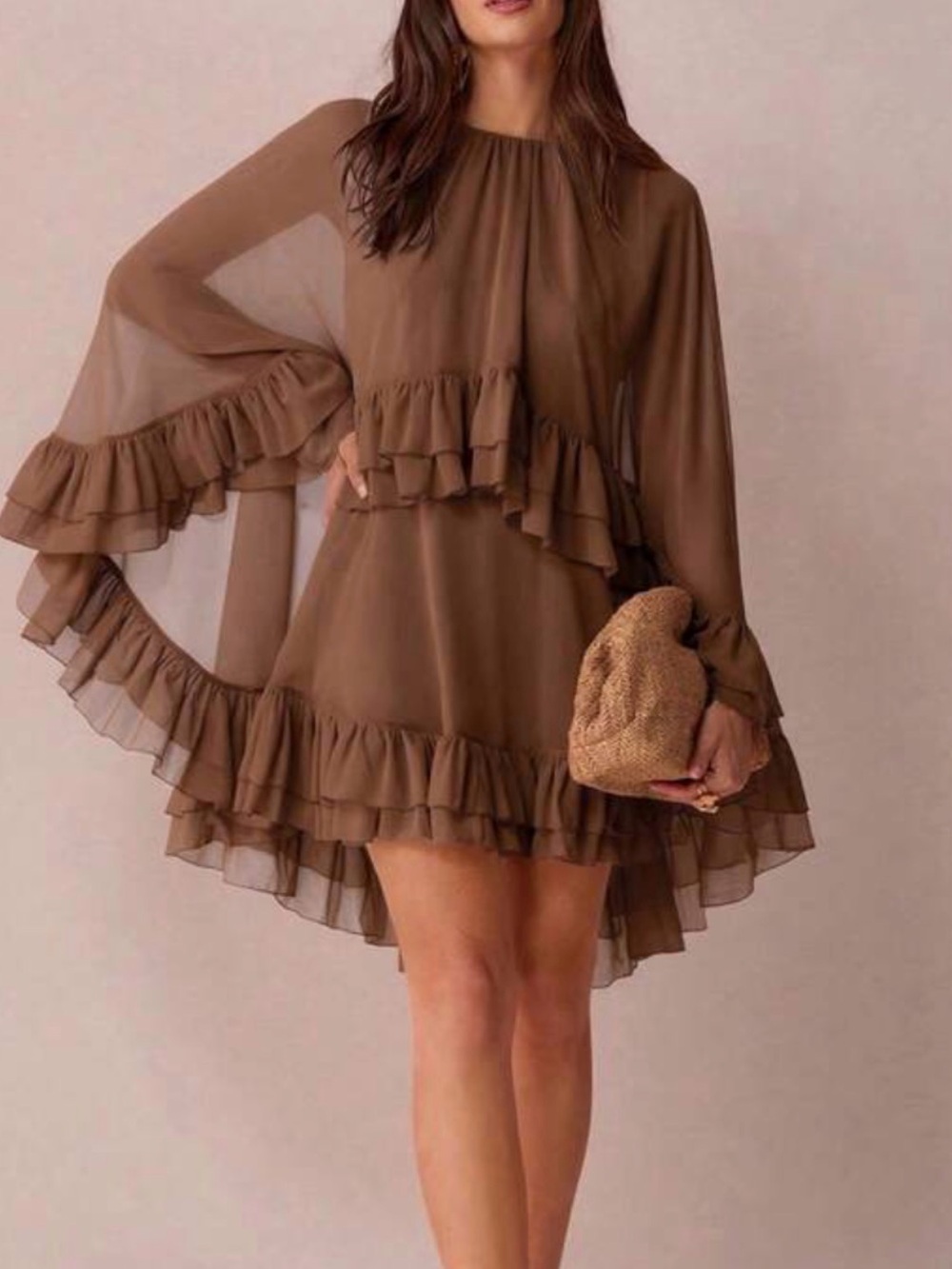 SHEIN Chocolate Brown High-Low Ruffled Tiered Maxi Skirt